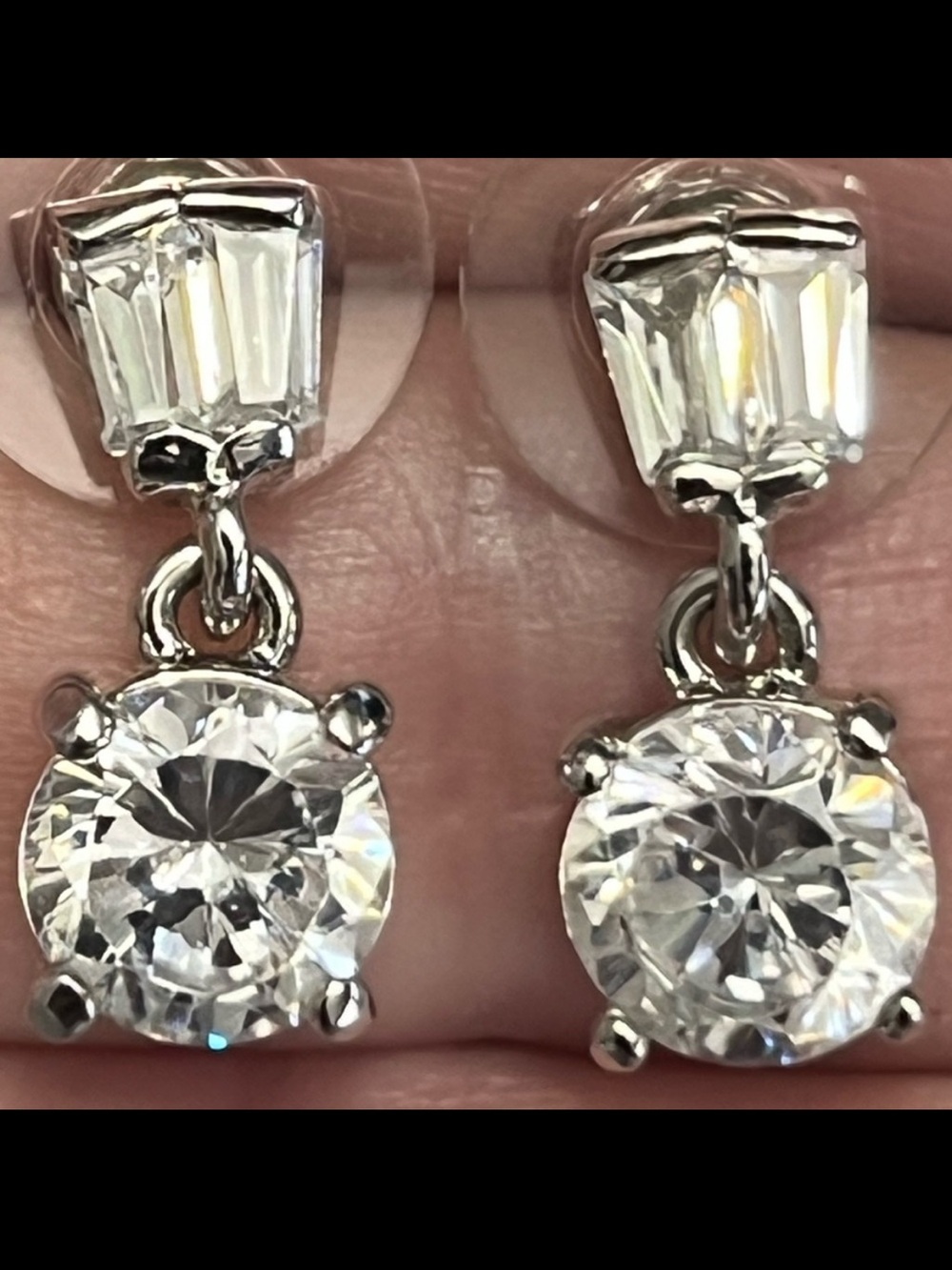 Suzanne Somers vintage CZ brilliant round baguette dangle drop earrings silver
